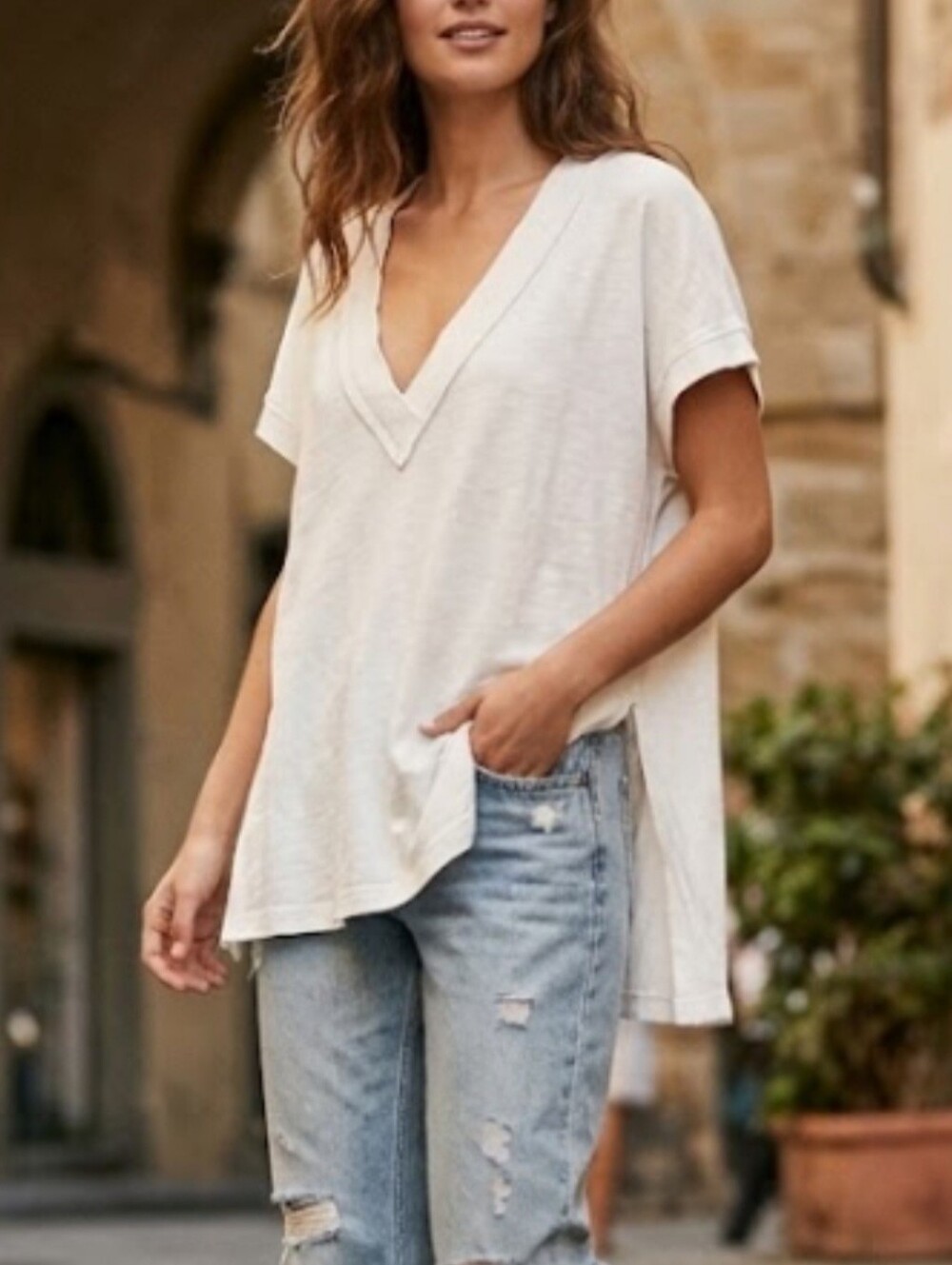 FP Movement Free People Women's Nina Top Cotton V-Neck Tee White Size Small Boho
